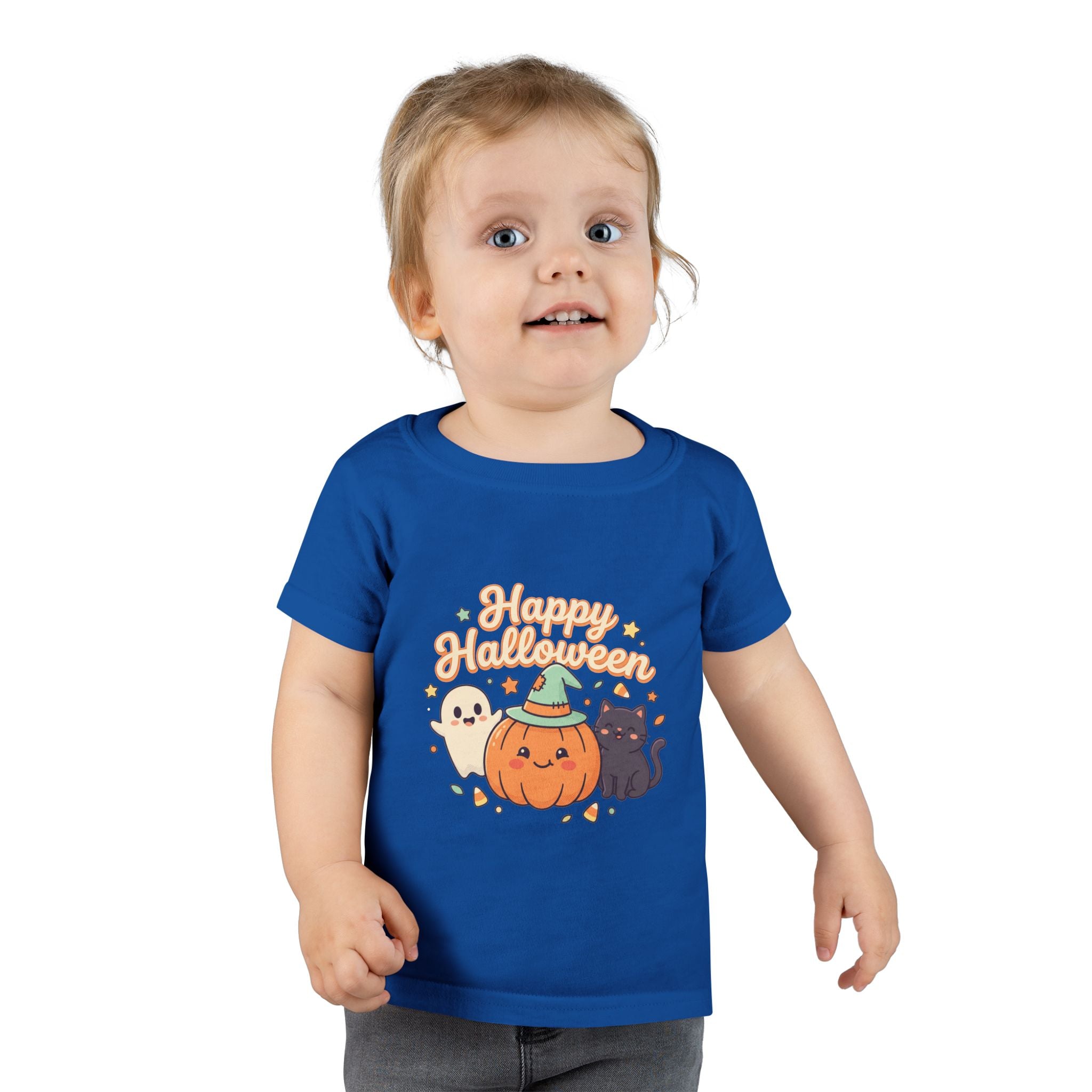 Happy Halloween Toddler T-Shirt — Cute Pumpkin Ghost & Black Cat Kids Tee