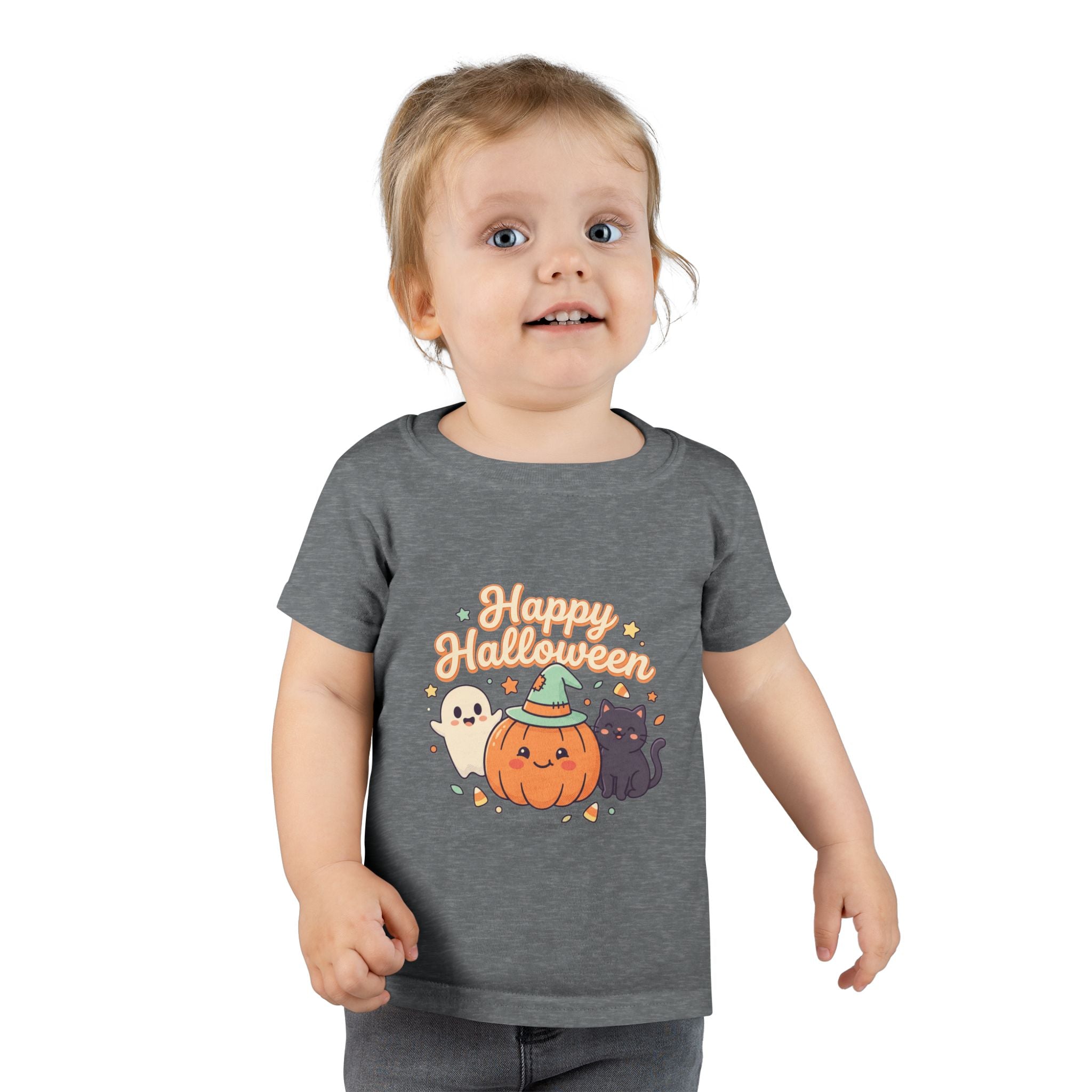 Happy Halloween Toddler T-Shirt — Cute Pumpkin Ghost & Black Cat Kids Tee