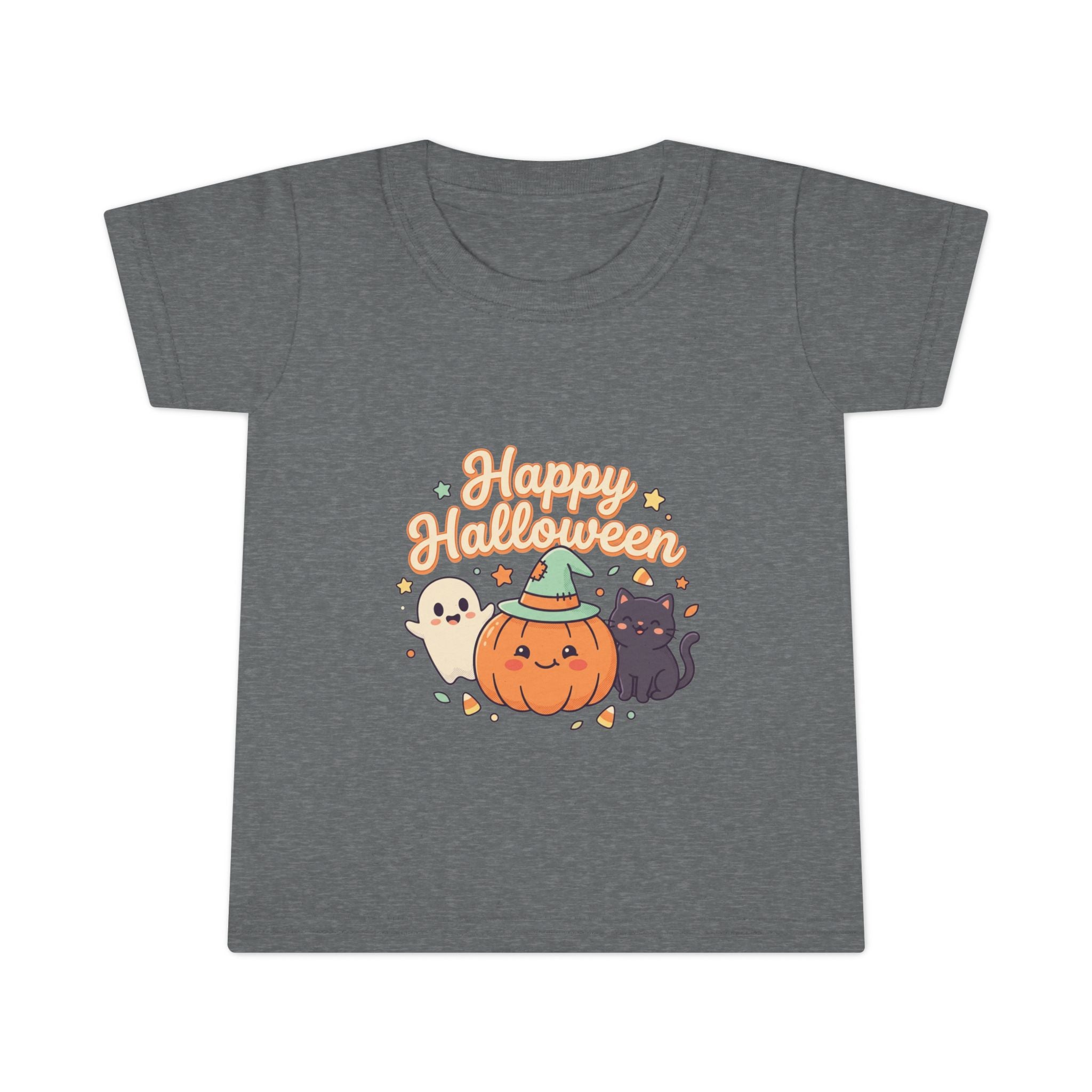Happy Halloween Toddler T-Shirt — Cute Pumpkin Ghost & Black Cat Kids Tee