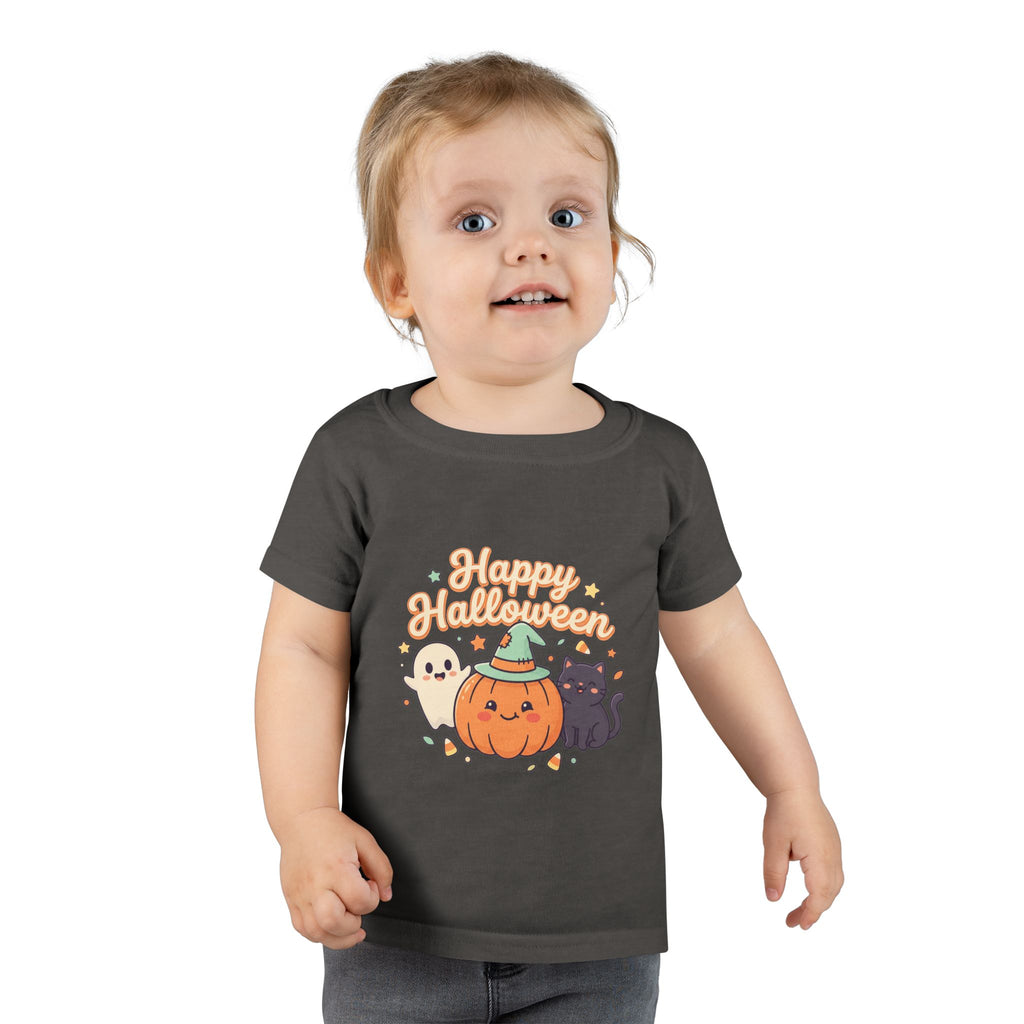Happy Halloween Toddler T-Shirt — Cute Pumpkin Ghost & Black Cat Kids Tee