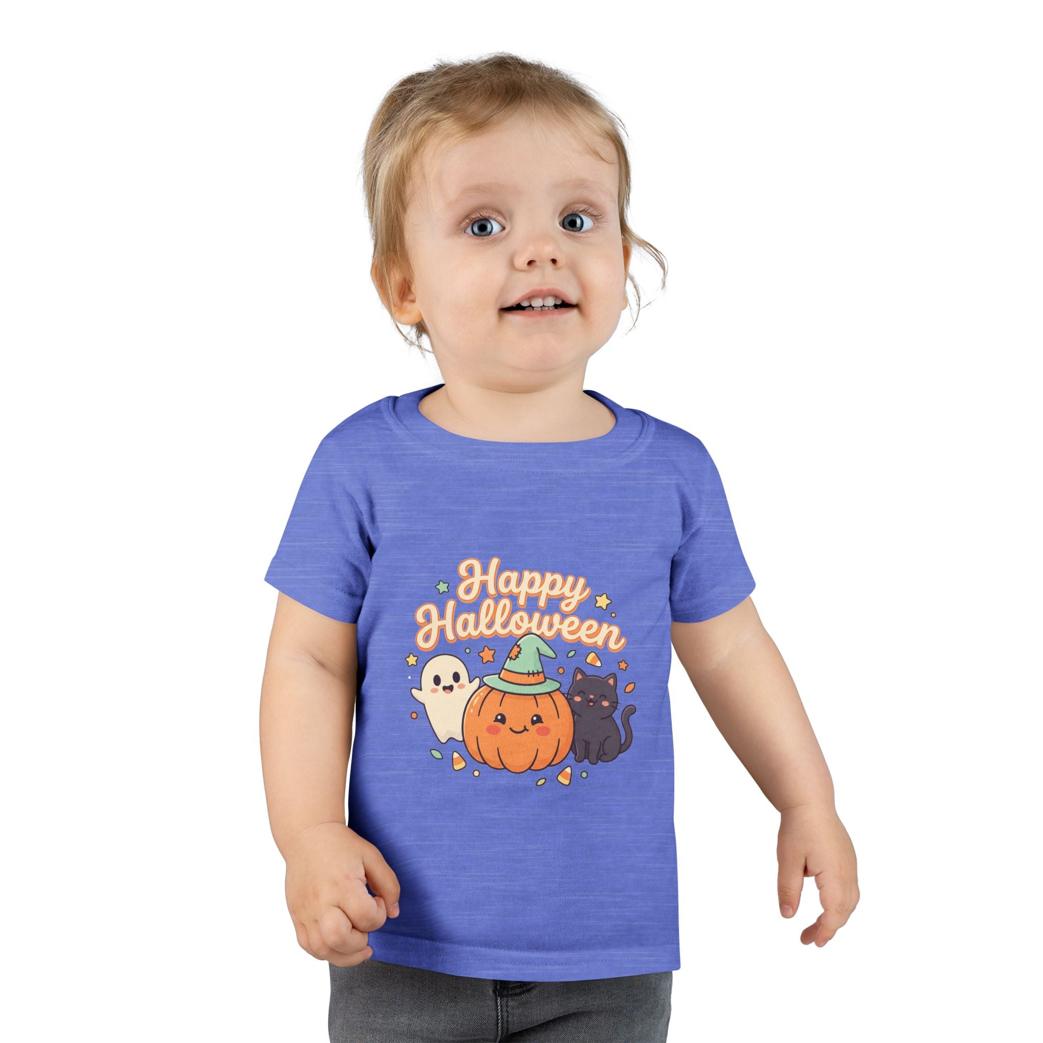 Happy Halloween Toddler T-Shirt — Cute Pumpkin Ghost & Black Cat Kids Tee